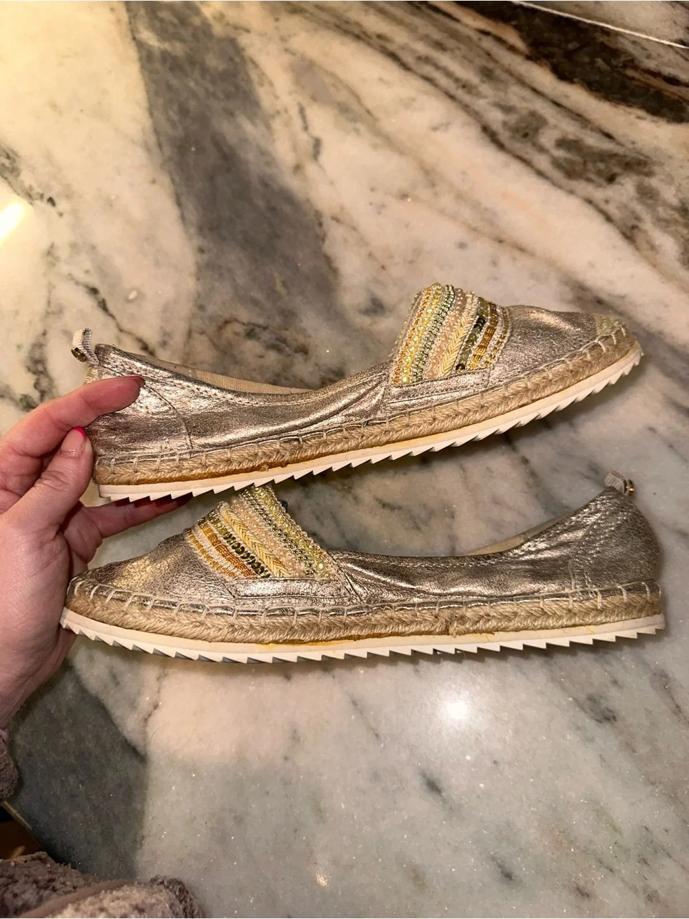 Bull Boxer Size 39/8-8.5 Women's Metallic Espadrille Beaded Slip-Ons in Beige